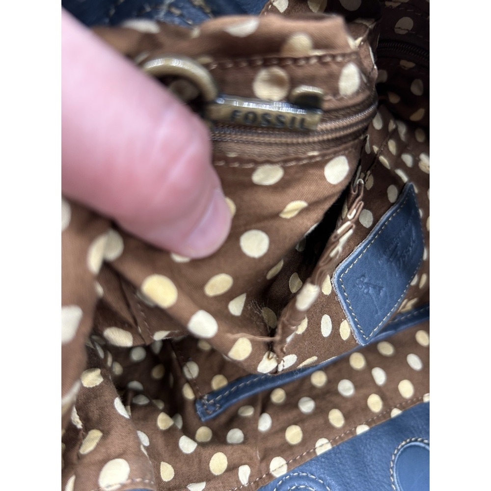 Fossil Blue Leather Shoulder Hobo Bag Purse Dual Handle Drawstring Closure - Picture 10 of 10